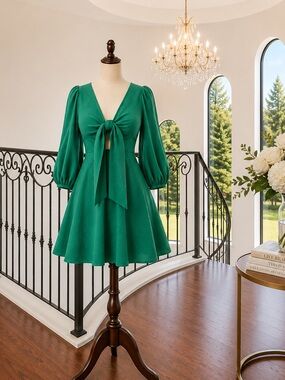 Ted Baker London Emerald Green Tie-Front Puff-Sleeve Dress